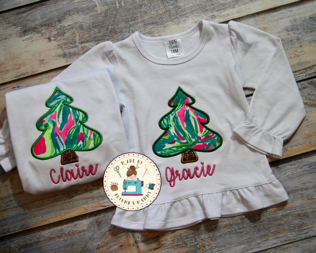 Lilly Christmas Tree appliqué embroidery girls top