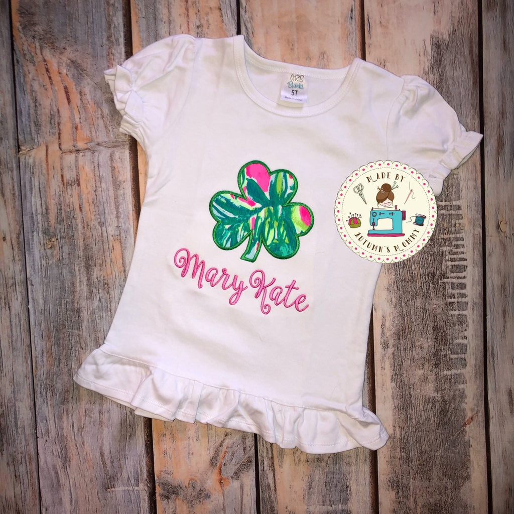 Lilly simple st Patrick's shamrock appliqué embroidery design girls shirt