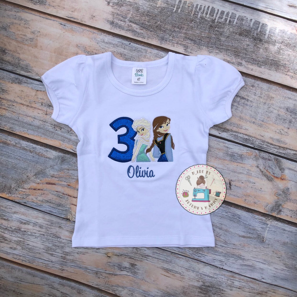 Frozen Elsa and Anna applique embroidery birthday girls top