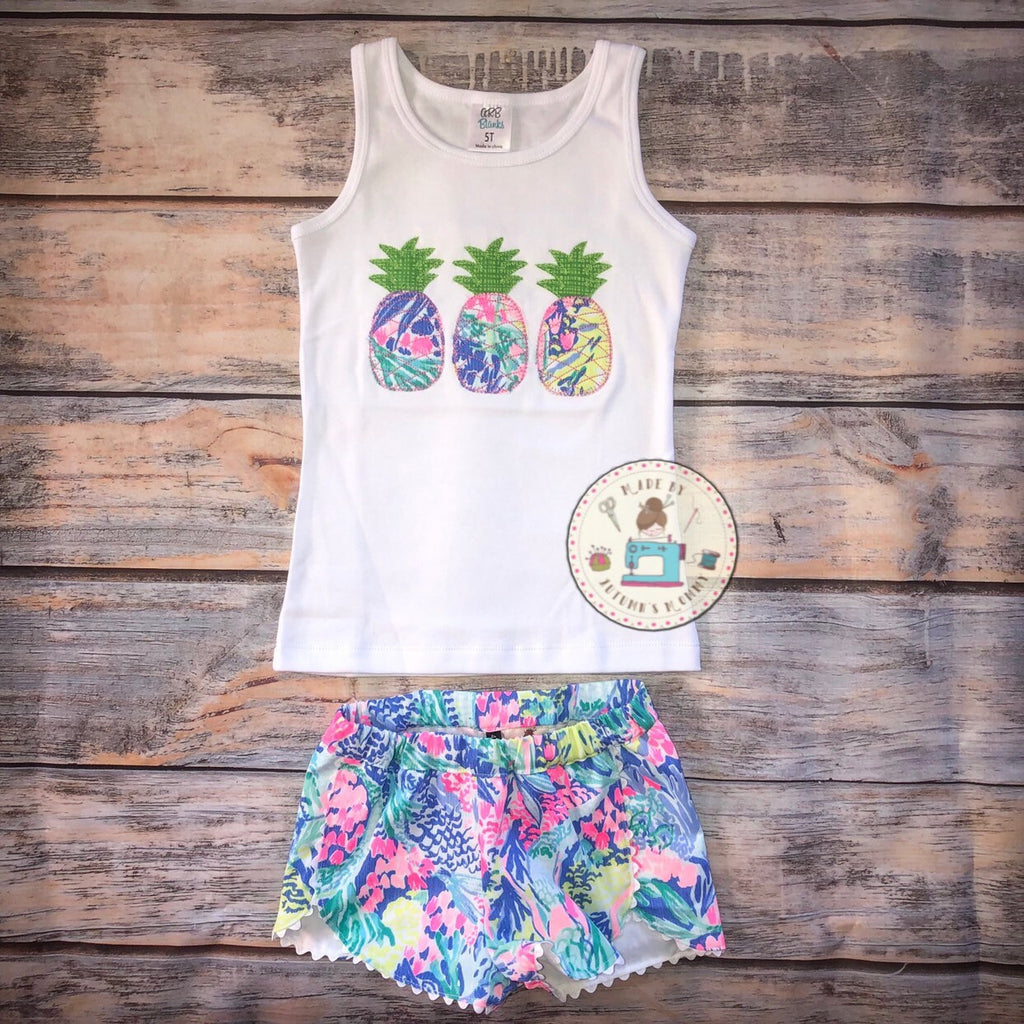 Lilly Girls Tank Top Pineapples - Applique Embroidery