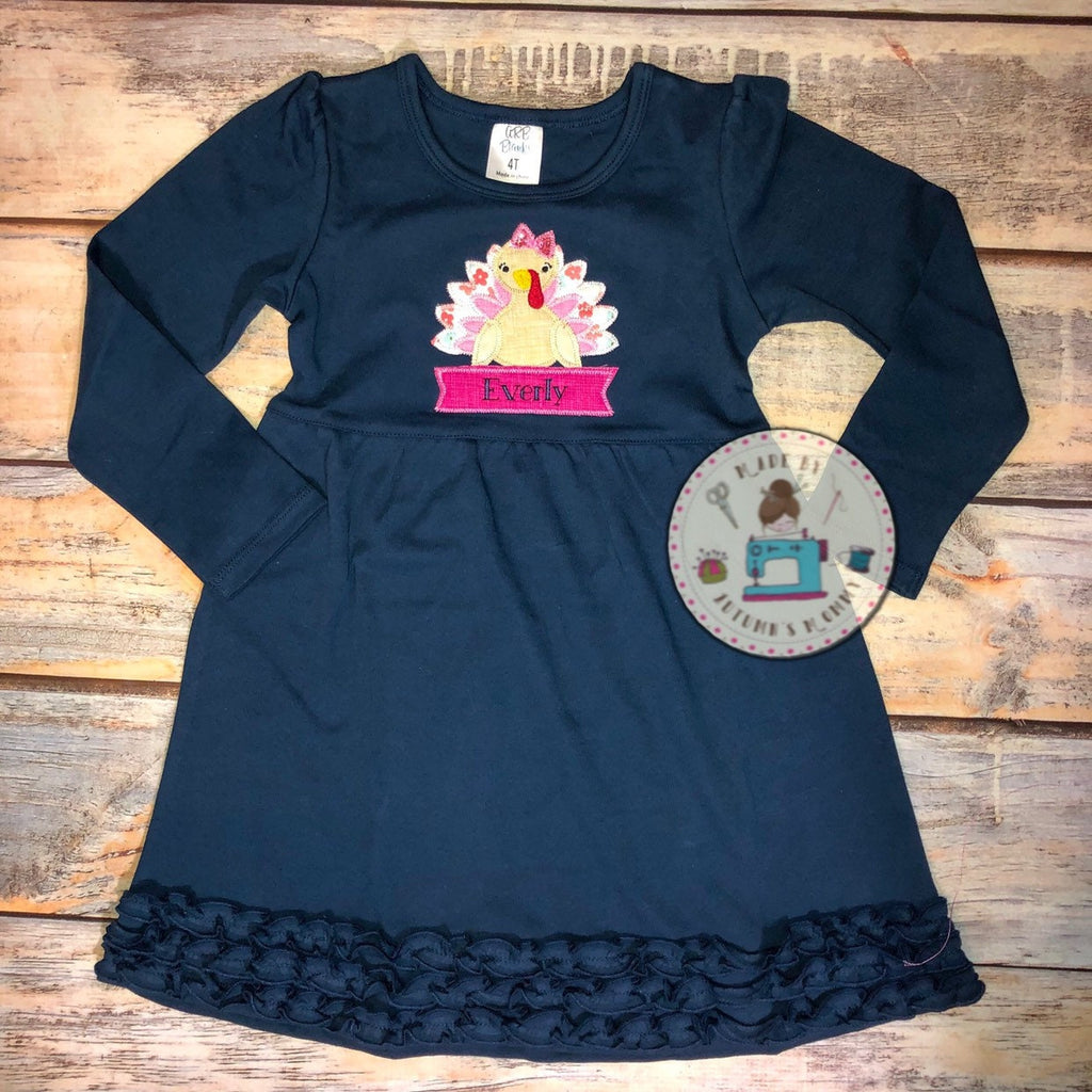 Turkey with bow fall thanksgiving girls appliqué dress