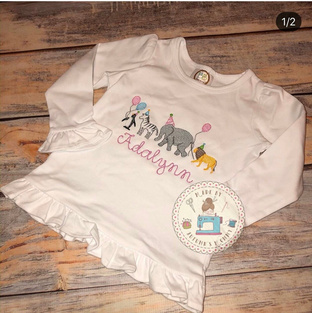 Vintage style zoo animals birthday embroidery Shirt for girls