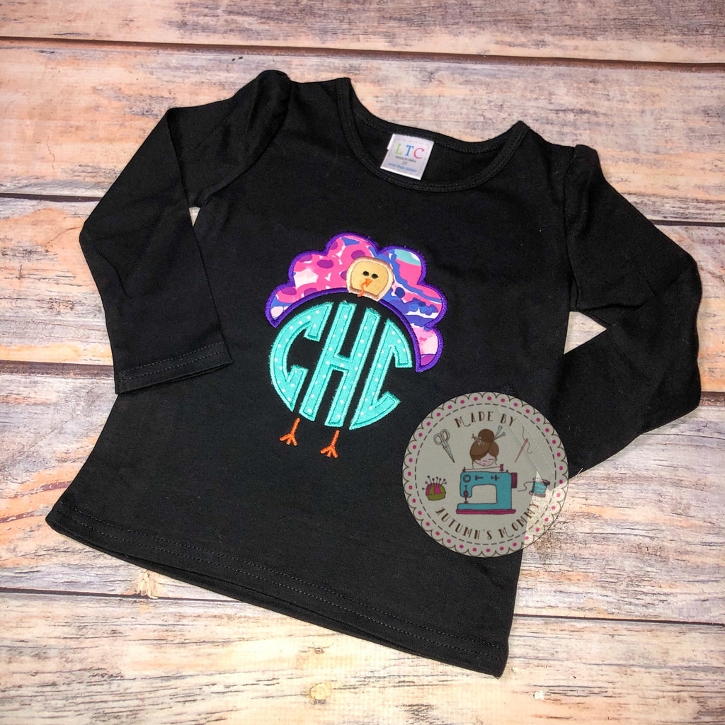 Lilly thanksgiving turkey monogram appliqué embroidery girls top